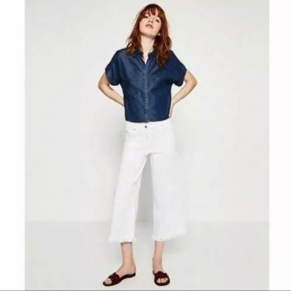 Zara Blue Chambray Cropped Top with Cuffed Sleeves